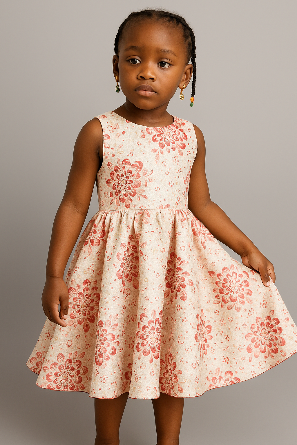 Girls’ Ivory & Red Floral Party Dress with Bow